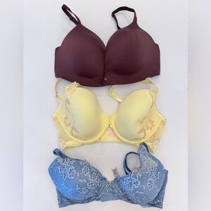 Victoria's Secret Lace Bra Trio 34DD (34E)  - Brown, Yellow, Blue